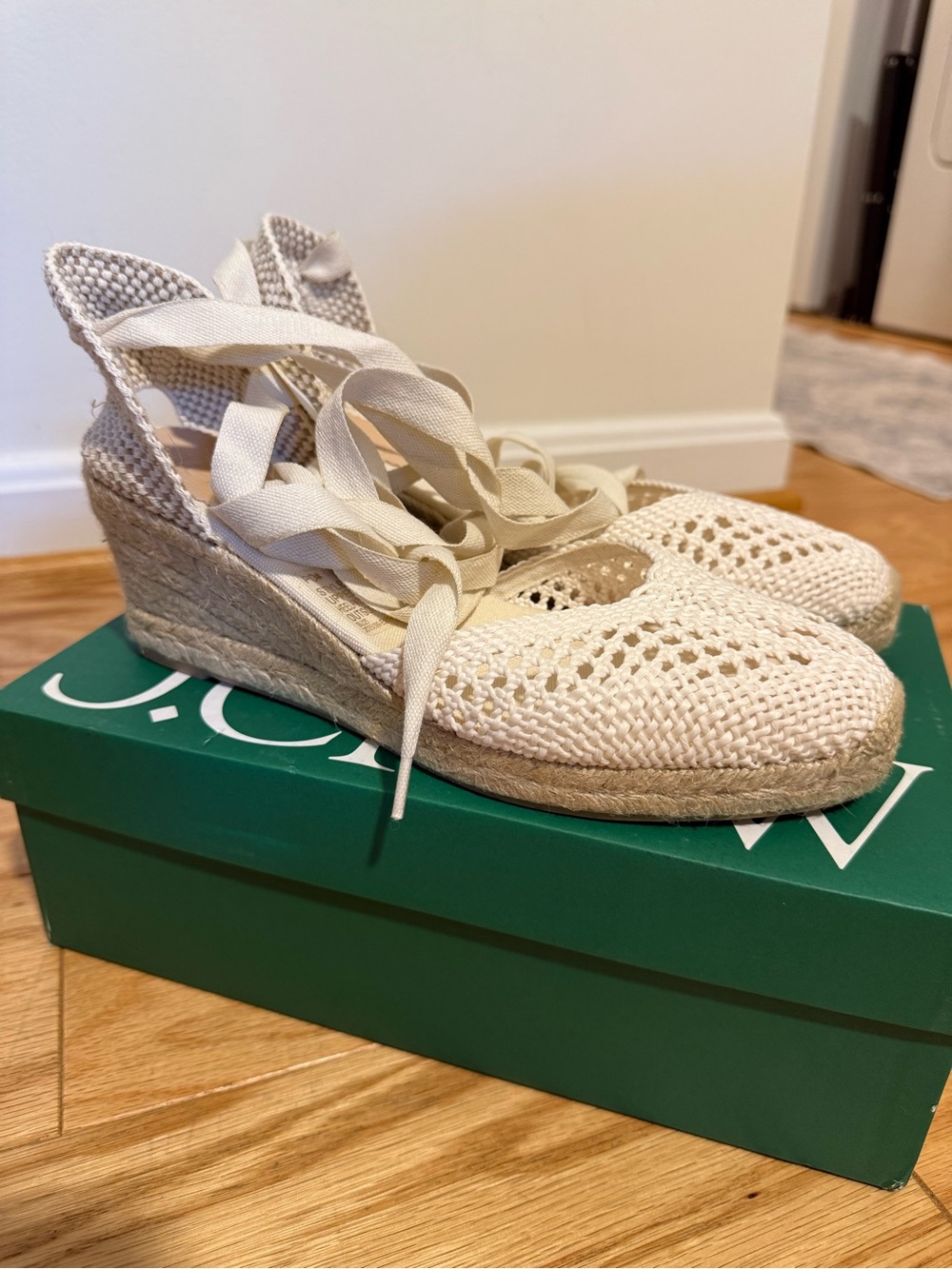 J. Crew Cream Crochet Espadrille Wedge Lace-Up Sandals